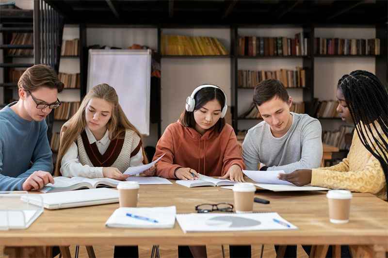 A bunch of students doing group study in the library.